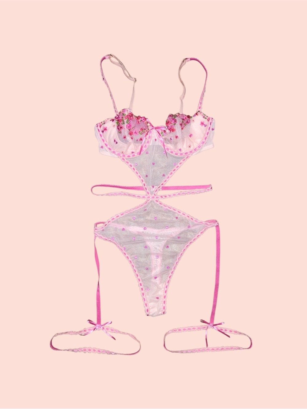 Wicked Unlined Hearts & Roses Embroidered Garter Teddy